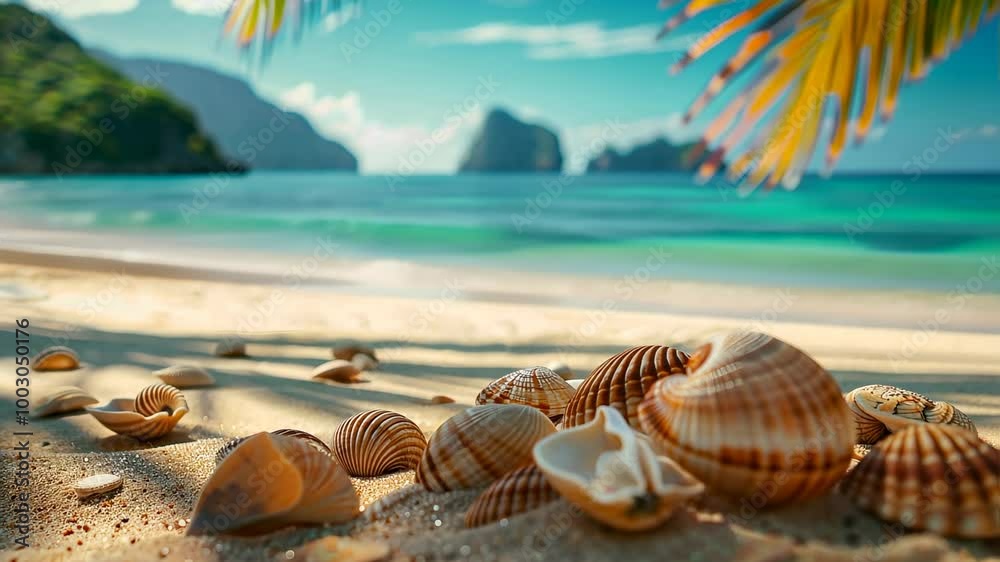 Static serene tropical beach shot featuring array of seashells on sandy shore, with palm leaves framing clear turquoise ocean in background and distant islands. Static serene tropical beach shot featuring array of seashells on sandy shore, with palm leaves framing clear turquoise ocean in background and distant islands.