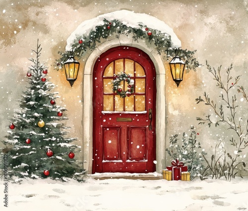 Cheerful red door decorated for Christmas with snow-covered tree and lanterns...