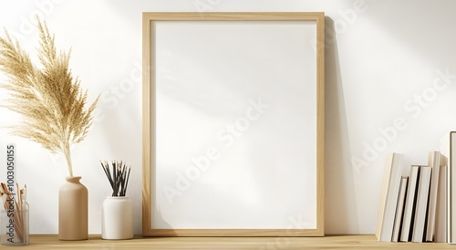 A mockup of an empty wooden frame sitting on top of a desk. The frame is horizontal and has no glass. Mockup frame ideas in the interior of the living room of the house