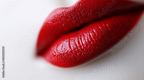 Vivid close-up of beautifully styled lips with glossy red lipstick in soft, n...
