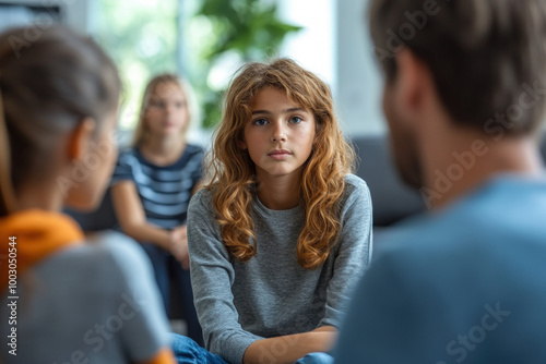 Mental Health Awareness: A depiction of a counselor or teacher discussing emotions and mental well-being with children in a classroom setting