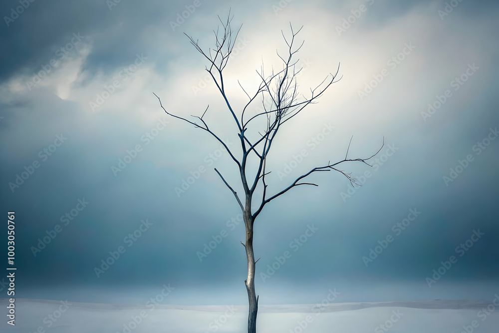 Solitude in the Mist: A solitary, skeletal tree stands tall against a backdrop of swirling, ethereal mist, evoking a sense of isolation, resilience, and the passage of time. Solitude in the Mist: A solitary, skeletal tree stands tall against a backdrop of swirling, ethereal mist, evoking a sense of isolation, resilience, and the passage of time.