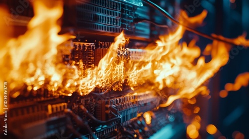 Fire erupting from a server rack in a large data center with glowing lights i...