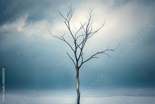 Solitude in the Mist: A solitary, skeletal tree stands tall against a backdrop of swirling, ethereal mist, evoking a sense of isolation, resilience, and the passage of time.