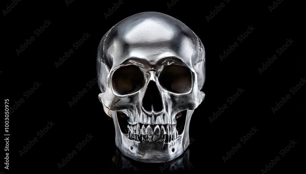 Natural Silver Human Skull Isolated Front View on Black Background Natural Silver Human Skull Isolated Front View on Black Background