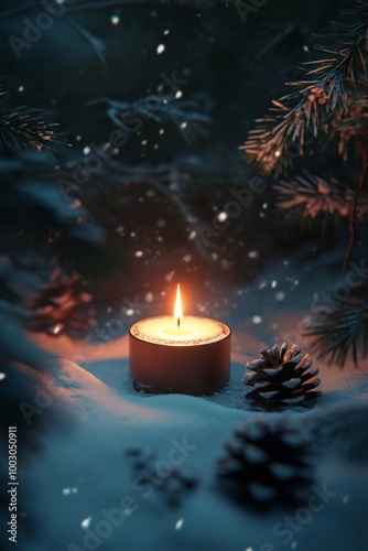 A warm candle flickers in the snowy forest under the gentle glow of twilight