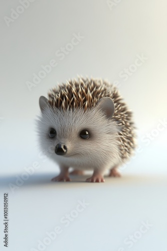 Cute hedgehog standing on a white surface with a curious expression and soft ...