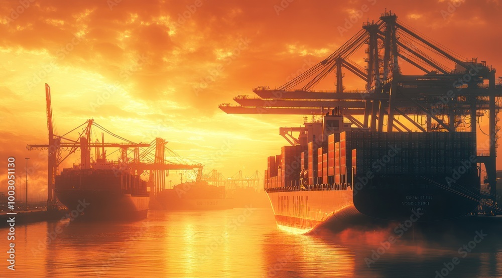 A large ship is docked at the port, loading cargo containers onto it with cranes A large ship is docked at the port, loading cargo containers onto it with cranes