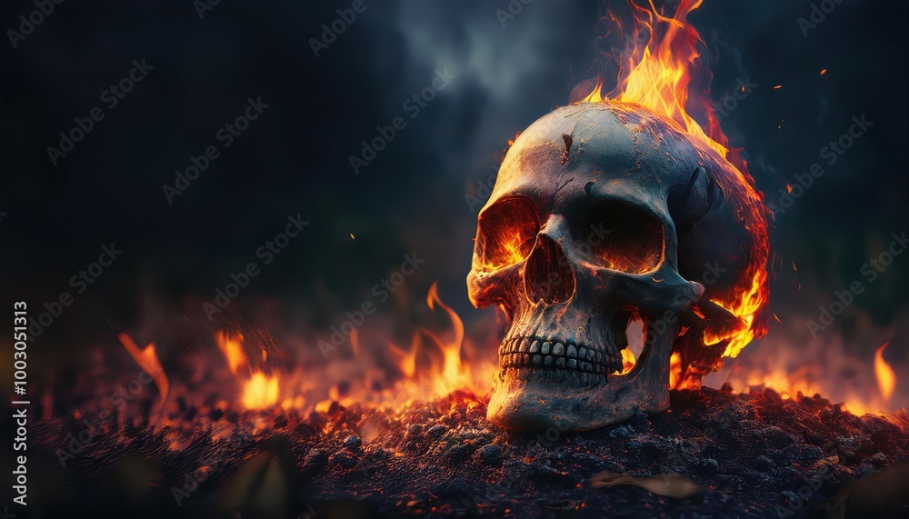 Skull Burned in Fire on Dark Halloween Night Spooky Halloween Concept Skull Burned in Fire on Dark Halloween Night Spooky Halloween Concept