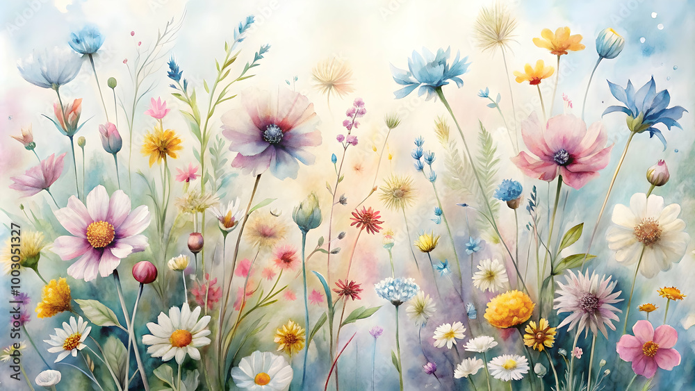 Obraz premium A Watercolor Wildflower Meadow: A vibrant and delicate watercolor painting captures the beauty of a wildflower meadow, with a breathtaking array of colors and textures. The gentle.