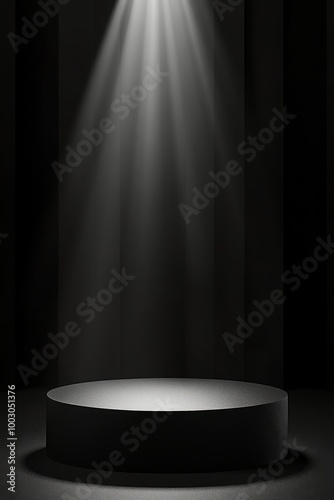 A spotlight beams on a circular stage in a dim venue for a performance