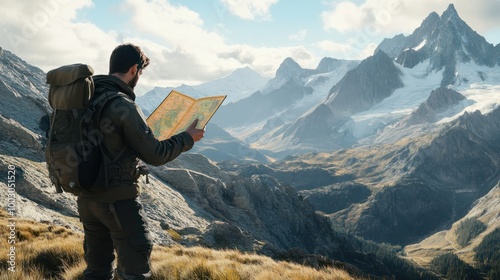 A man with a backpack is seen standing in the mountains, carefully studying a map in his hands to navigate the rugged terrain and find his way through the challenging landscape photo