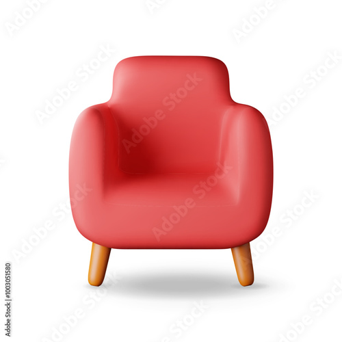 3d red armchair with wooden legs isolated on white. Render living room chair furniture. Decorated modern interior element. Interior item for relax and work. Vector illustration