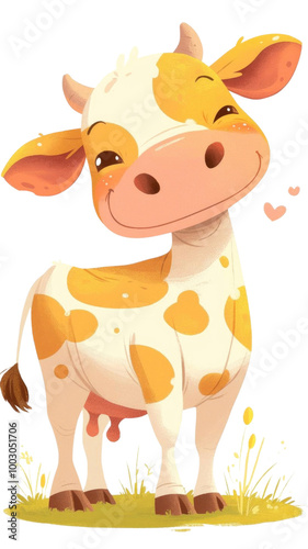 Adorable cartoon cow illustration with a cheerful expression, perfect for children's books, educational materials, and playful designs. photo