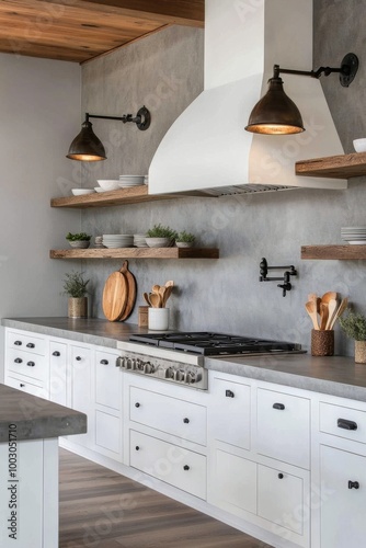 Modern kitchen with white cabinets, open shelving, and stainless steel applia...