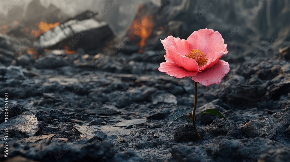 Fototapeta premium A resilient pink flower blooming in the midst of destruction created with Generative AI technology