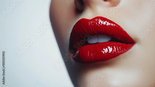 Vivid close-up of beautifully styled lips with glossy red lipstick in soft, n...