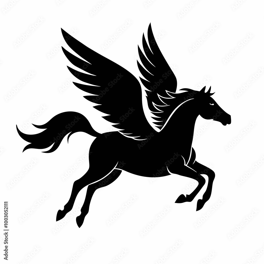 a black and white silhouette of a pegasus, a mythical creature with wings. The horse is in a galloping position, with its body stretched a black and white silhouette of a pegasus, a mythical creature with wings. The horse is in a galloping position, with its body stretched