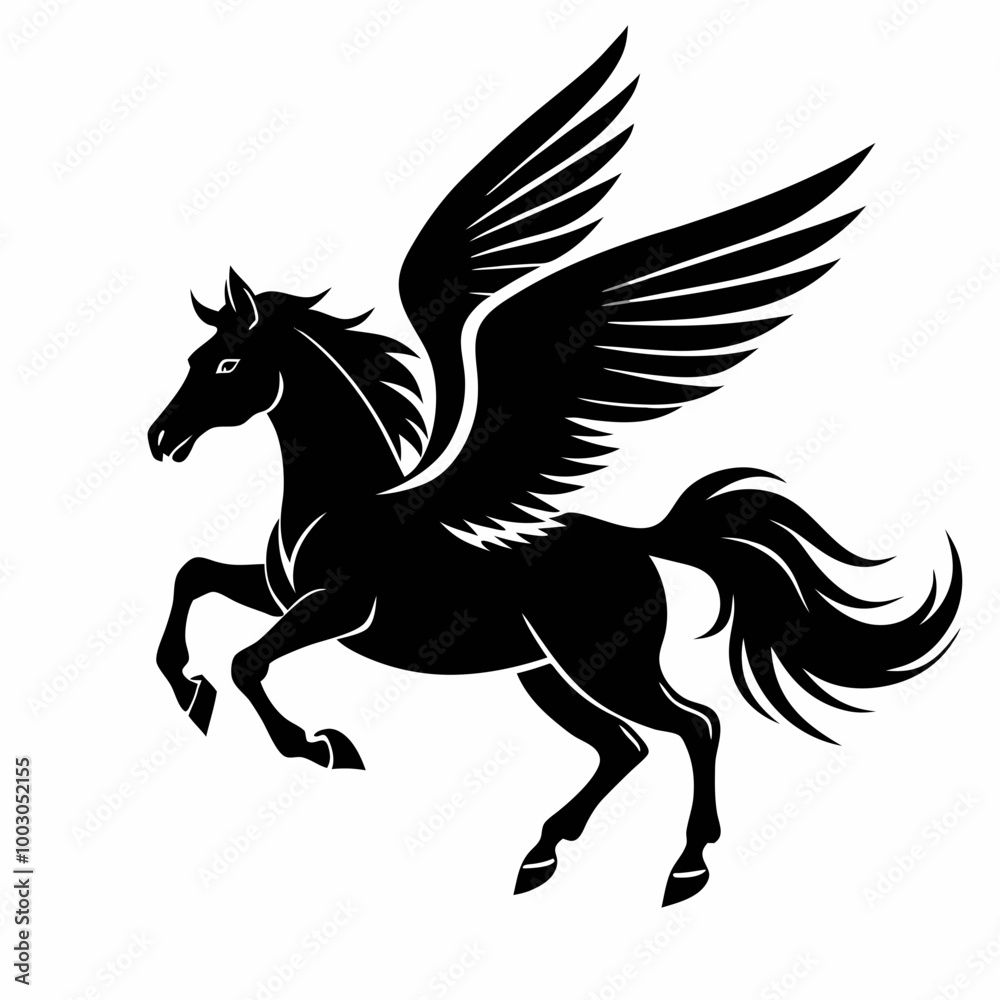 a black and white silhouette of a pegasus, a mythical creature with wings. The horse is in a galloping position, with its body stretched a black and white silhouette of a pegasus, a mythical creature with wings. The horse is in a galloping position, with its body stretched
