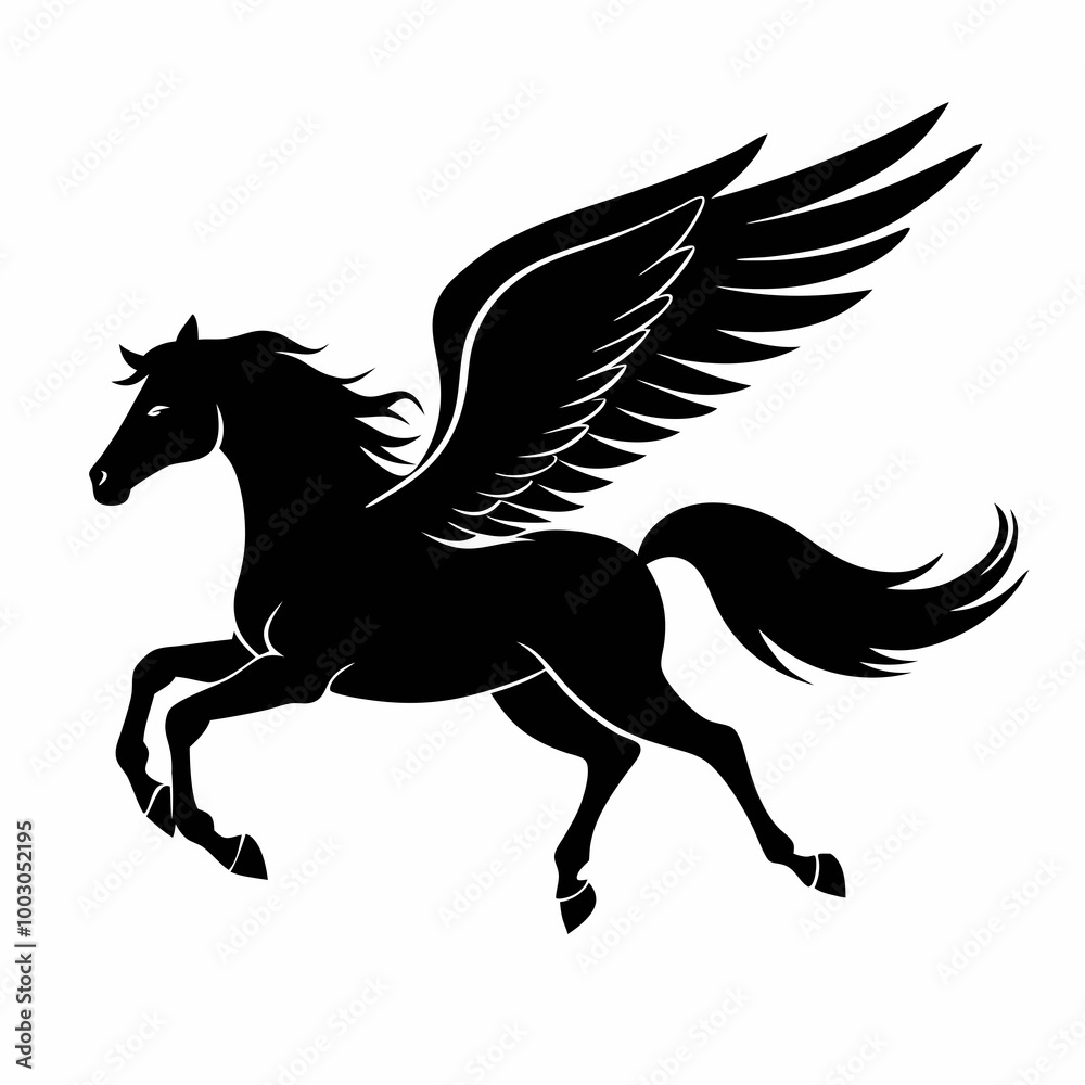 a black and white silhouette of a pegasus, a mythical creature with wings. The horse is in a galloping position, with its body stretched a black and white silhouette of a pegasus, a mythical creature with wings. The horse is in a galloping position, with its body stretched