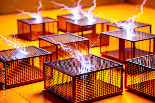 Electric Cubes: A captivating display of  electricity crackling and dancing within caged cubes, bathed in warm orange light, creating an abstract and mesmerizing visual spectacle.   photo