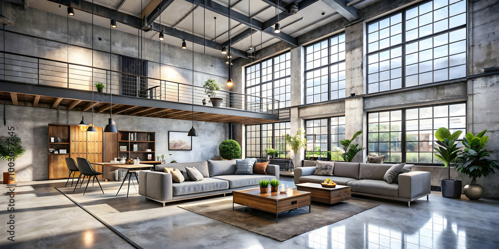 Industrial Chic Loft Living: A spacious and stylish loft apartment with exposed brick and concrete, large windows, and industrial-inspired furnishings. Industrial Chic Loft Living: A spacious and stylish loft apartment with exposed brick and concrete, large windows, and industrial-inspired furnishings.