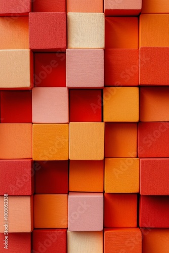Colorful wooden blocks arranged in a vibrant pattern showcasing red and orang...