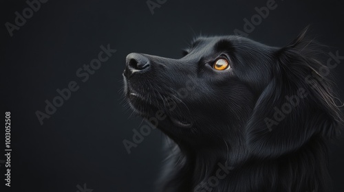 A beautiful black dog gazing thoughtfully against a dark background in soft l...