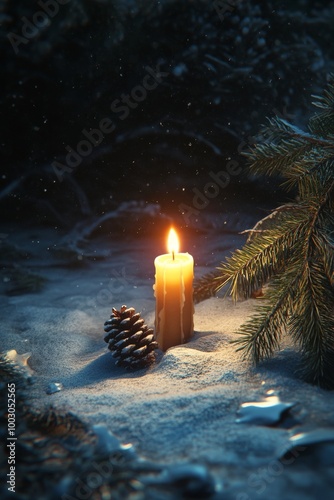 A warm candle flickers in the snowy forest under the gentle glow of twilight