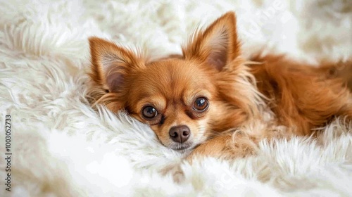 A relaxed Chihuahua lounging on soft white fur in a cozy indoor setting