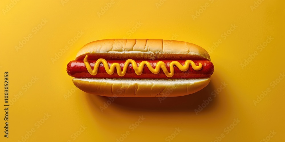 Delicious Indulgent Frankfurter with Mustard and Ketchup on a Golden Bun Delicious Indulgent Frankfurter with Mustard and Ketchup on a Golden Bun
