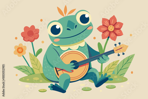 cute frog plying banjo, cottagecore style with flower F.eps