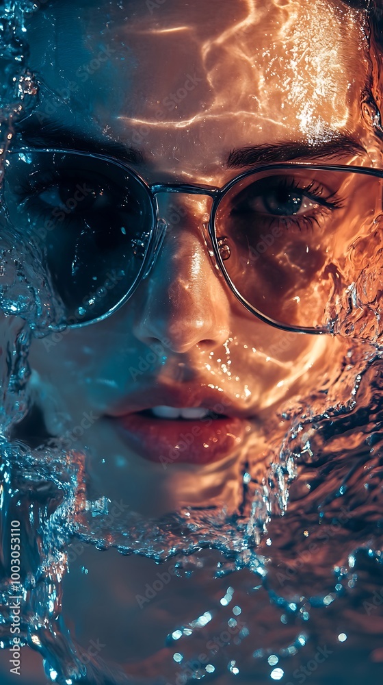 Artistic representation of woman with sunglasses and vivid water splash picture Artistic representation of woman with sunglasses and vivid water splash picture