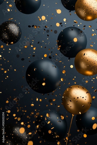 Vibrant black and gold balloons float amid sparkling confetti at the celebration