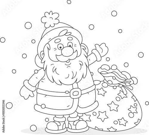 Funny Santa Claus with his magical bag of winter holiday gifts for little children, friendly smiling and waving in greeting, black and white vector cartoon illustration for a coloring book