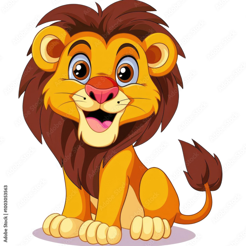 Fototapeta premium Cheerful cartoon lion with a big smile sitting happily, perfect for children's illustrations and playful designs.