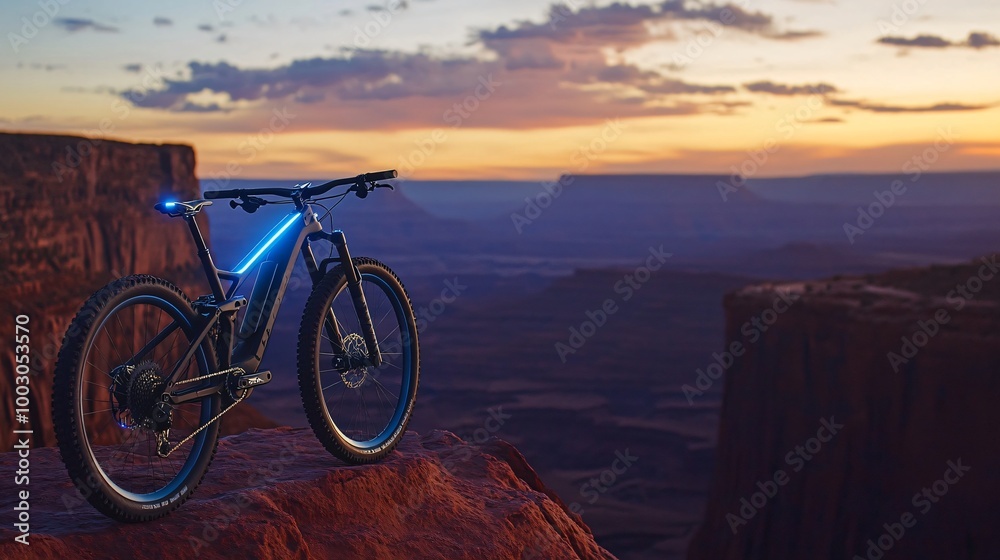 Mountain bike standing on a cliff overlooking the valley at sunset. Mountain bike standing on a cliff overlooking the valley at sunset.