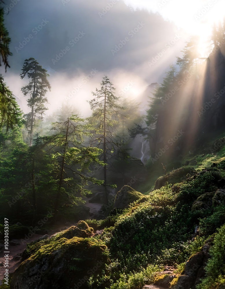A mesmerizing forest in the mountains awakens to morning fog, illuminated by gentle sunlight filtering through the trees. Generative AI A mesmerizing forest in the mountains awakens to morning fog, illuminated by gentle sunlight filtering through the trees. Generative AI