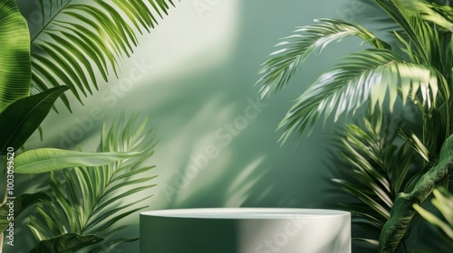 A serene green space featuring lush tropical plants and a minimalistic circul...