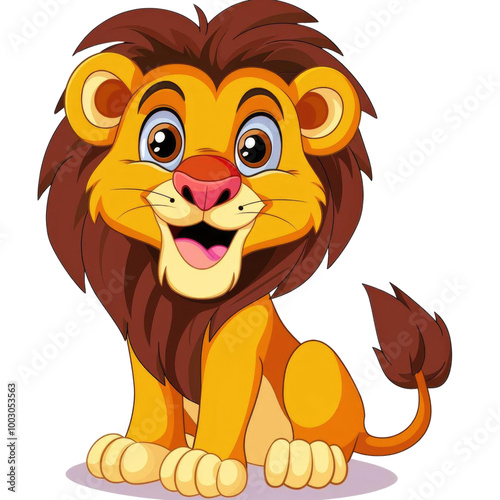 Cheerful cartoon lion with a big smile sitting happily, perfect for children's illustrations and playful designs. photo