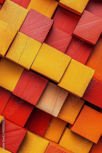 Colorful wooden blocks arranged in a vibrant pattern showcasing red and orang...
