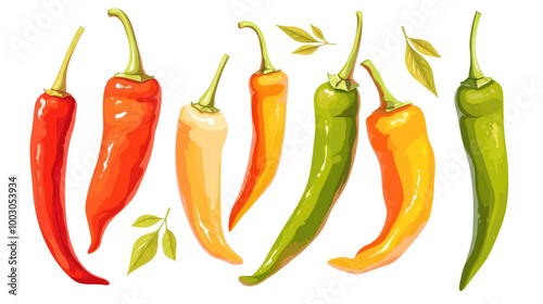 Colorful illustration of various chili peppers in different shades and shapes, perfect for culinary or gardening themes. © สนิท เกษแก้ว