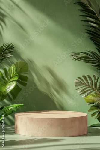 Modern wooden pedestal surrounded by lush tropical foliage on a light green b...