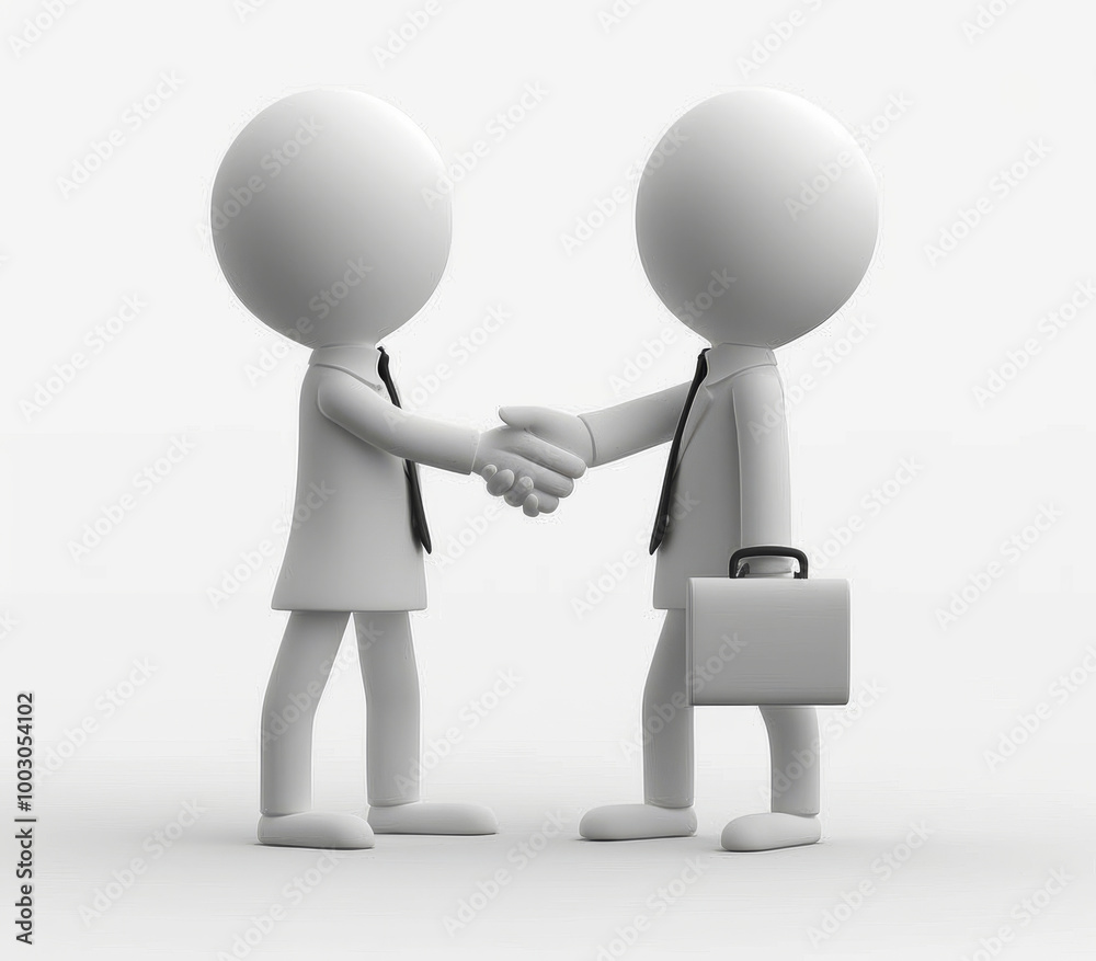 3D rendering of two people shaking hands, one person is wearing a business suit and holding a briefcase, with a simple white background 3D rendering of two people shaking hands, one person is wearing a business suit and holding a briefcase, with a simple white background