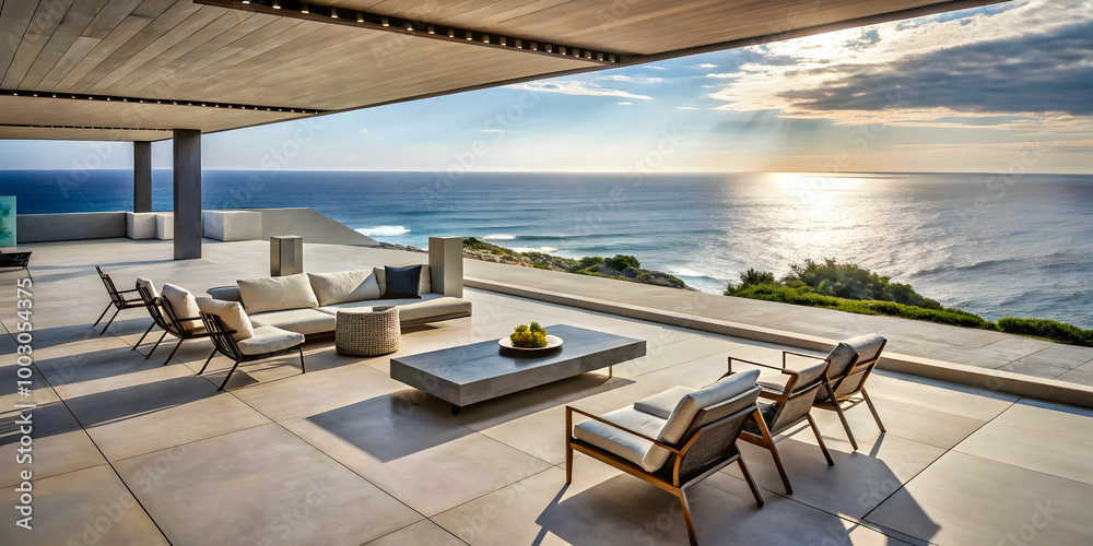 Fototapeta premium Oceanfront Luxury: Tranquil Sunset Vista from Modern Terrace 