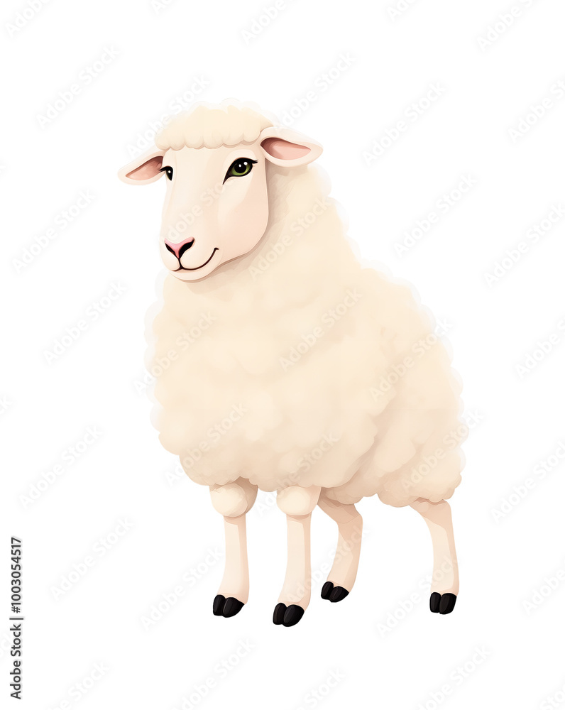 Illustration of a sheep with a fluffy, cream wool coat. The sheep has a gentle expression with large, round eyes, a small pink nose, and slightly flushed cheeks. Isolated from the background. Illustration of a sheep with a fluffy, cream wool coat. The sheep has a gentle expression with large, round eyes, a small pink nose, and slightly flushed cheeks. Isolated from the background.