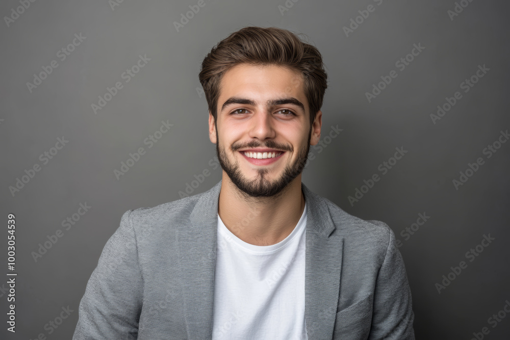 Fototapeta premium A young man smiles brightly while wearing a grey blazer over a white shirt, exuding confidence and charm in a simple setting