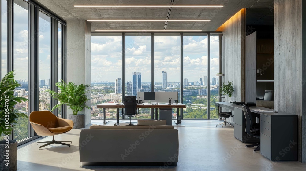 Fototapeta premium A sleek, modern office with concrete walls and minimalist furniture. Large windows offer a bright daylight view of the city.
