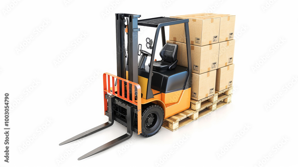 image displays a forklift truck in a static position, the forks of which are fully inserted under a wooden pallet that is loaded with cardboard boxes image displays a forklift truck in a static position, the forks of which are fully inserted under a wooden pallet that is loaded with cardboard boxes