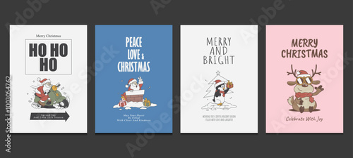 Merry Christmas greeting cards, groovy poster with retro cartoon characters style, vector illustration
